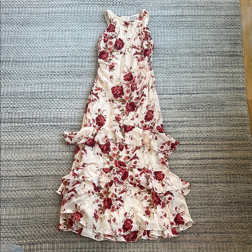 Reformation Red and White Maxi Sundress with Ruffled Tiers